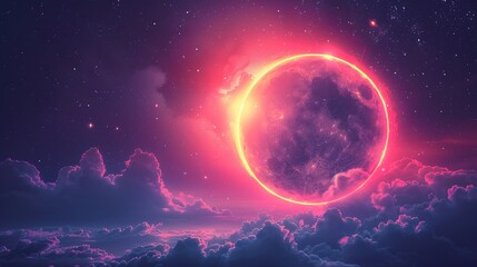 Vintage eclipse scene in neon sun and moon merging soft glowing outlines oldschool neon aesthetic starry background