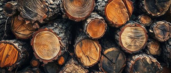 Detailed texture of a stack of freshly chopped logs, showcasing natural wood patterns - obrazy, fototapety, plakaty