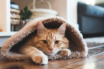 ginger cat with head inside a slipper, body outside