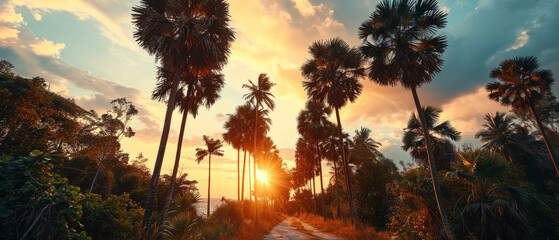 Experience the breathtaking beauty of a tropical sunset with this stunning landscape featuring towering palm trees against a backdrop of fiery orange and yellow hues - obrazy, fototapety, plakaty