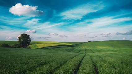Obraz premium Blue skies above lush green fields, a serene countryside