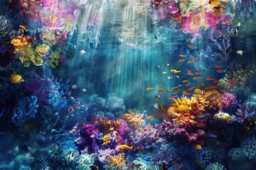 Surreal underwater scene with colorful coral reef and tropical fish, abstract digital art