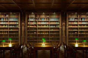 Obraz premium Elegant Vintage Library Interior with Wooden Bookshelves and Green Lamps