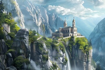 Tranquil remote mountain monastery, sanctuary of solitude and spirituality, concept illustration - obrazy, fototapety, plakaty