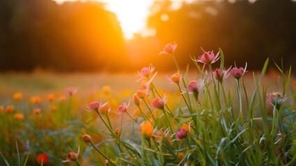 Blurred autumn summer nature background with flowers field and sunset
