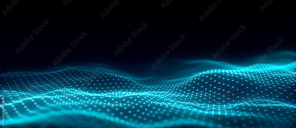 Poster Music color wave of particles and lines. Big data visualization. Abstract blue background with a dynamic wave. 3d rendering.