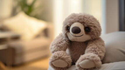 Cute sloth plush toy, closeup.