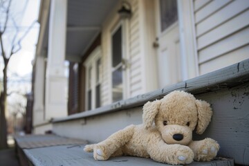 soft toy puppy left on a porch step, house in the background