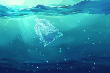 Underwater Plastic Bag Floating in Blue Ocean, Marine Pollution Concept Illustration