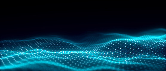 Music color wave of particles and lines. Big data visualization. Abstract blue background with a dynamic wave. 3d rendering.