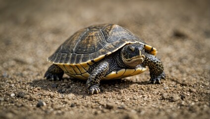 Fototapeta premium Tiny Guardian: Macro Photograph of a Little Turtle, Revealing the Intricate Details and Endearing Charms of Nature's Miniature Wonders