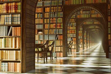 Fototapeta premium Majestic Library Hall Illuminated by Sunlight, Featuring Ornate Arched Bookcases