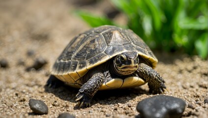 Obraz premium Tiny Guardian: Macro Photograph of a Little Turtle, Revealing the Intricate Details and Endearing Charms of Nature's Miniature Wonders