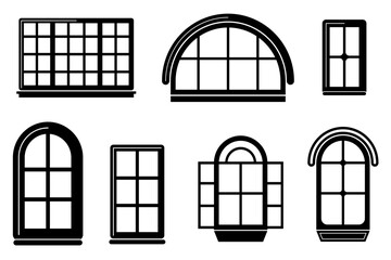 Windows with black frames set vector illustration. Collection of plastic windows of various types. Interior and exterior elements