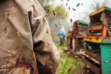 beekeepers jacket near beehives, bees flying around - obrazy, fototapety, plakaty