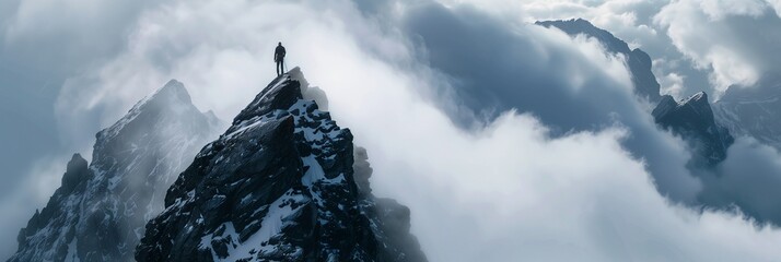 A climber ascends a towering peak
