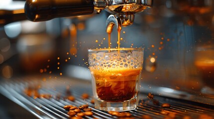 Close-up shot: espresso pours into clean glass from coffee machine, focus on handle. Food/coffee photography style.