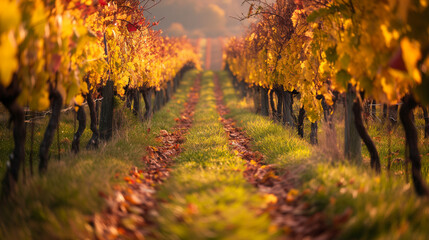 Vineyard path lined with colorful autumn leaves. - 767110813