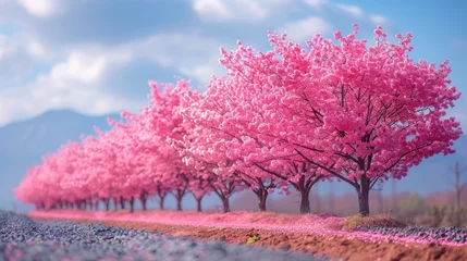 Gordijnen Magenta cherry blossom trees line the road under the cloudy sky © yuchen
