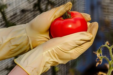 hands wearing gloves holding a vibrant red tomato