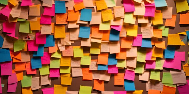 Many colorful, sticky notes, or adhesive notes on a wall or bulletin board. 4K Video