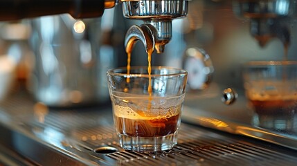 Close-up shot: espresso pours into clean glass from coffee machine, focus on handle. Food/coffee photography style. - obrazy, fototapety, plakaty