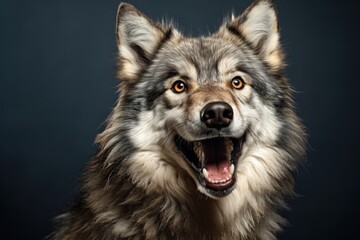 Happy surprised wolf with open mouth.