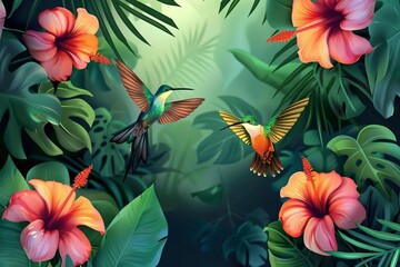 Vibrant Tropical Flowers and Hummingbirds, Exotic Nature Vector Illustration