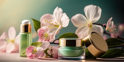 Closeup various organic cosmetic products, springtime bright background. Natural beauty care. Horizontal banner. - 767111228