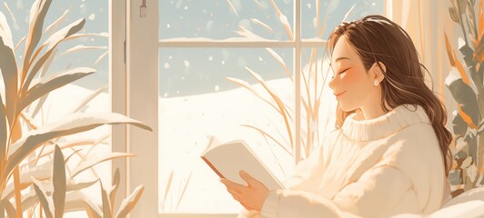 woman reading book at winter time, happy reading concept, artful minimal style cartoon illustration with grungy noise texture, Ai Generated