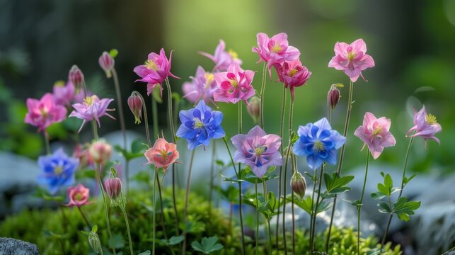 Colorful flowers bloom among the grass in natural landscape