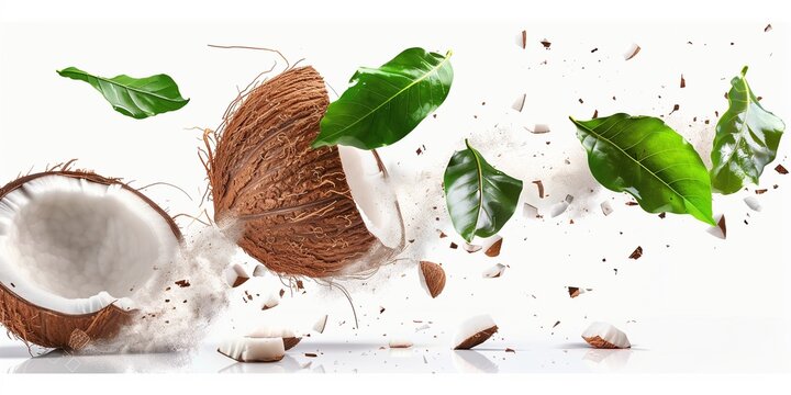 cocount and palm branch on white background