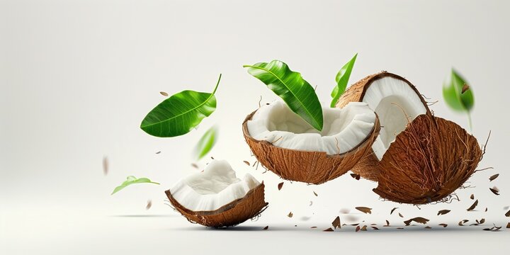 cocount and palm branch on white background