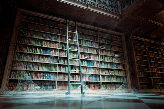 Eerie Ancient Library: Dust-Laden Shelves, Vintage Books, and a Forgotten Ladder
