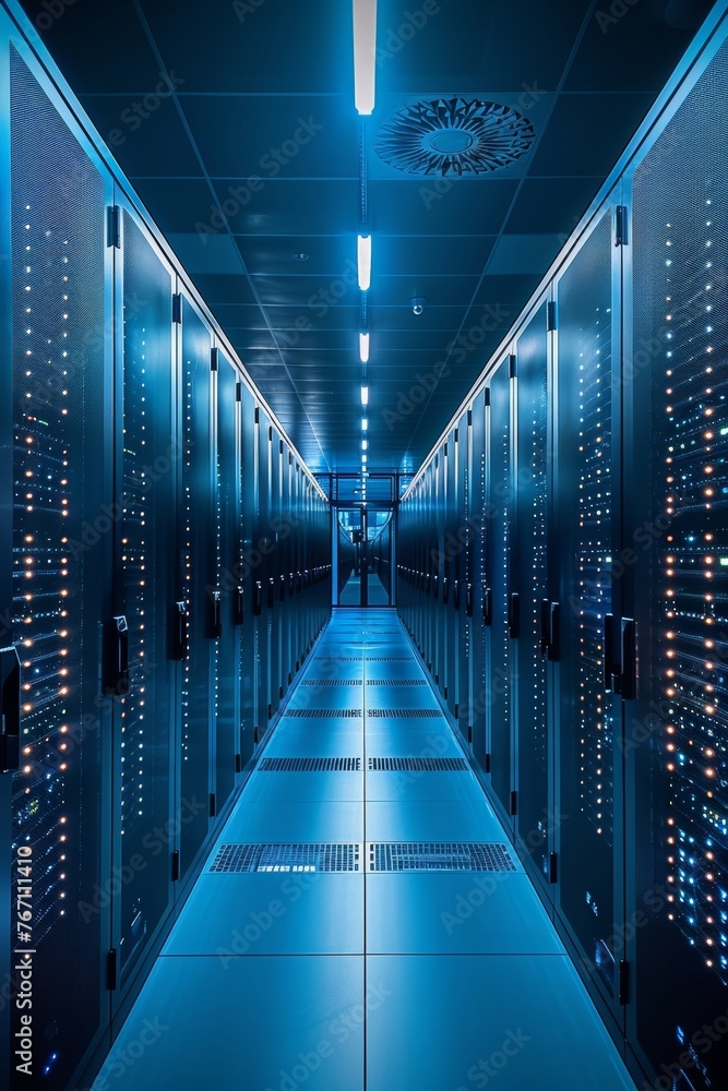 Poster an advanced data facility features neatly organized server racks in a dimly lit environment, accentu