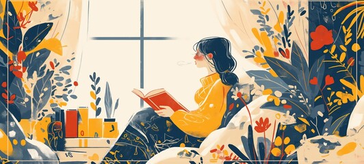 woman reading book beside window at spring timehappy reading concept, artful minimal style cartoon illustration with grungy noise texture, Ai Generated