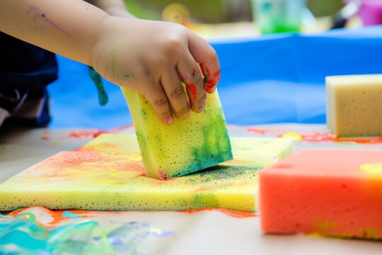 childs hand dipping a sponge in paint for craft project