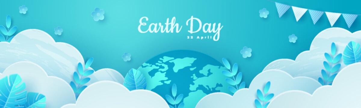 Earth Day banner or poster with paper cut clouds on blue sky. Background with leaves and globe. Vector illustration.
