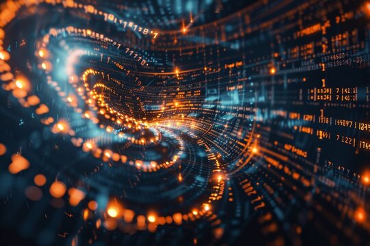 A digital Fibonacci spiral displayed in a futuristic financial research facility, visually capturing changing market dynamics and trends through its intricate design.
