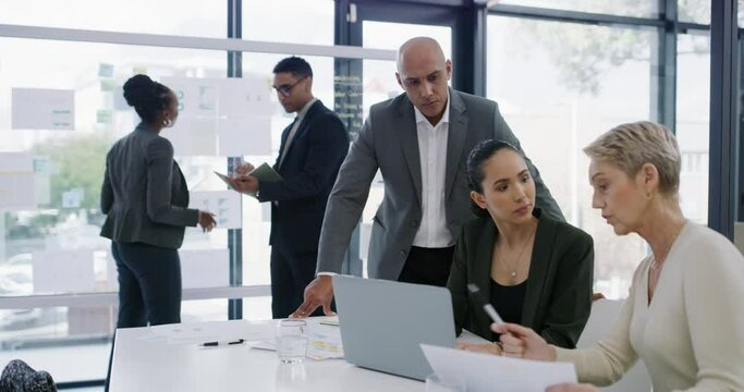 Business people, teamwork on computer and meeting collaboration, planning or analysis of finance report. Manager, analyst or group with documents, brainstorming project and glass board for solution - Powered by Adobe