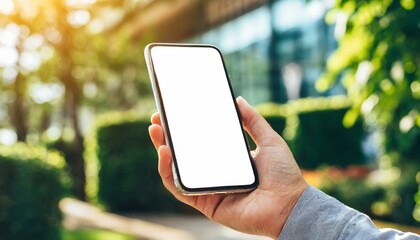 Mobile Phone for Mockup - Mobile Phone held by Hand in an Outdoors Environment - Template for Application Presentation