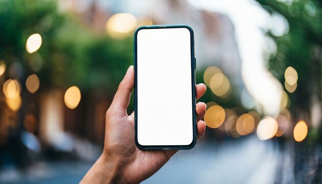 Mobile Phone for Mockup - Mobile Phone held by Hand in an Outdoors Environment - Template for Application Presentation