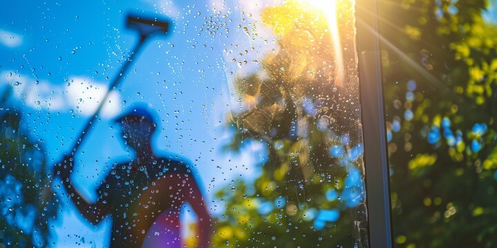 Window cleaner cleaning window with squeegee and wiper