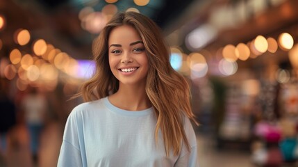 Obraz premium A woman with long brown hair is smiling at the camera in a mall
