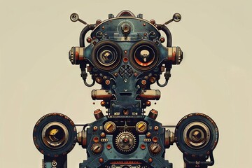 Vintage Steampunk Robot Illustration with Intricate Gears and Mechanical Parts