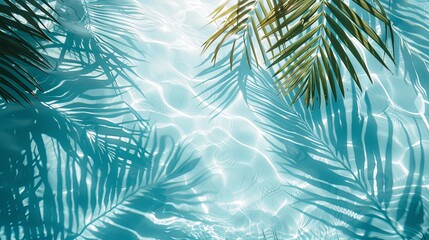 Fototapeta na wymiar Water background palm leaf shadow on abstract white sand beach background, sun lights on water surface, beautiful abstract background concept banner for summer vacation at the beach blue aqua texture