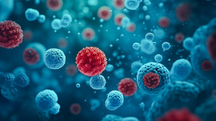 Virus or bacteria cells. Cocci bacteria and virus cells. Microscopic blue and red bacteria. Healthcare and medicine Concept	