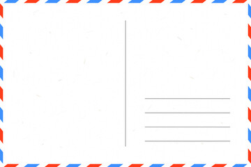 blank postcard template with place for stamp. white paper texture. airmail postcard with red and blue border - obrazy, fototapety, plakaty