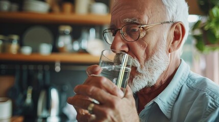 Old Man Drinking Mineral Water - obrazy, fototapety, plakaty
