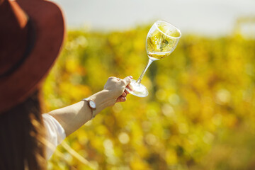 Woman Holding Wine Glass on Vineyard Plantation Background - 767112606